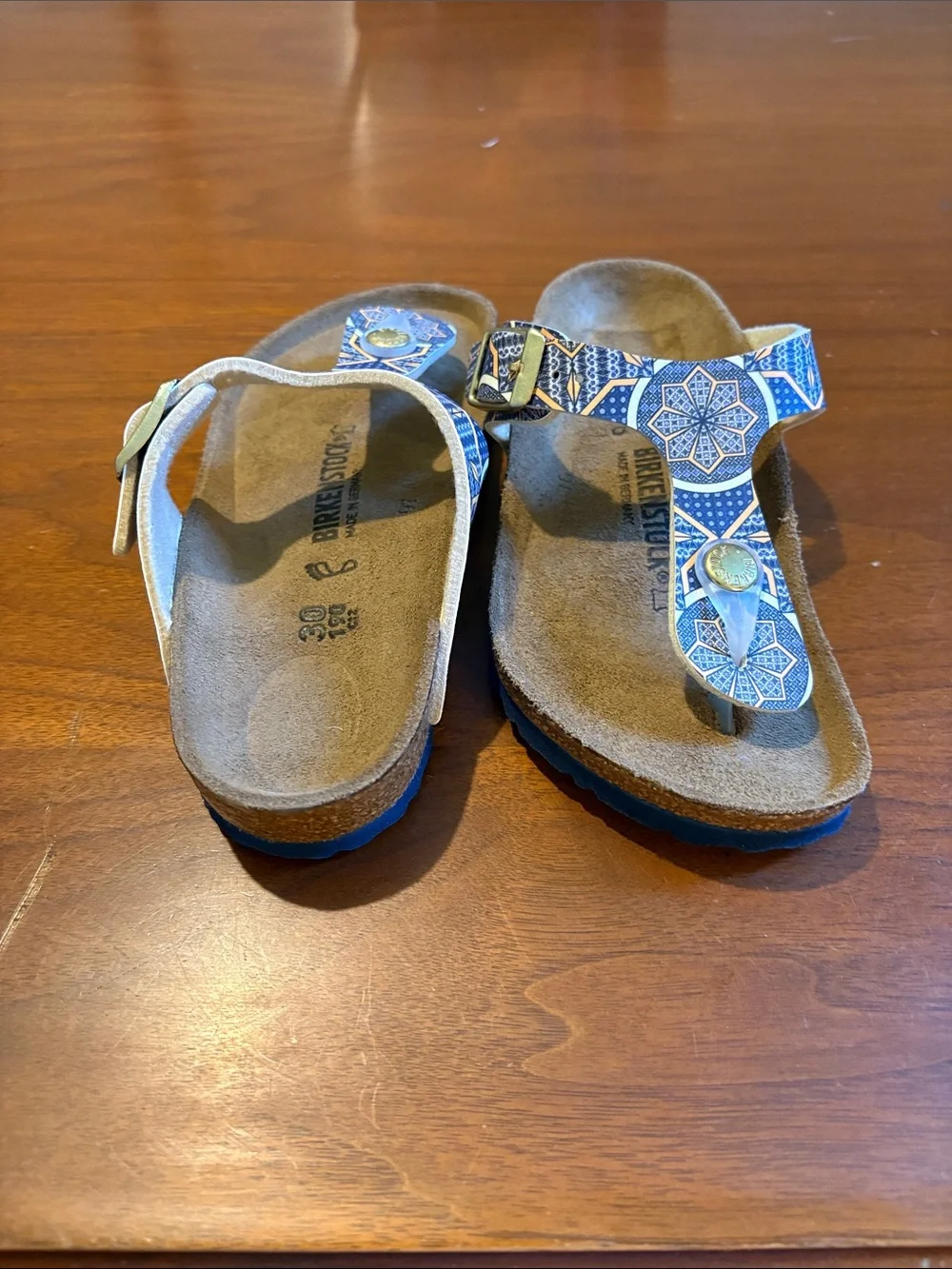 Birkenstock Blue and Tan Patterned Thong Sandals for Women